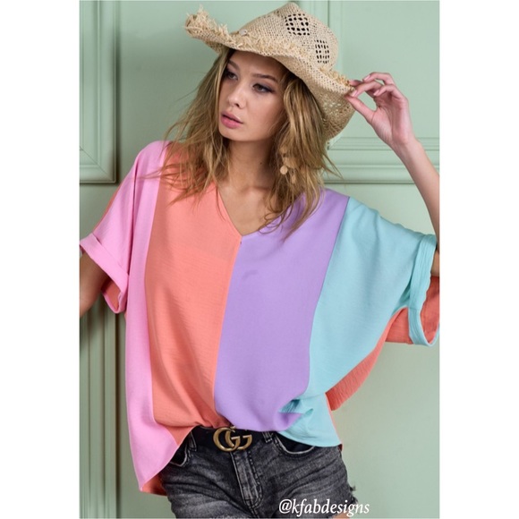 Tops - LAST 1! V Neck Roll up Sleeves Color Block Oversized Top!